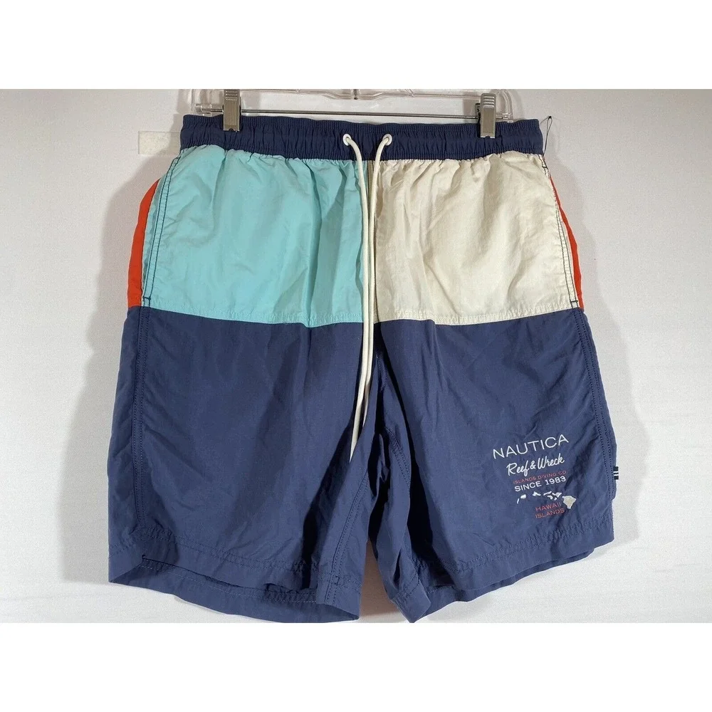 Nautica Vintage Men's Swim Trunks Medium Multicolor Embroidered Logo‎ Lined